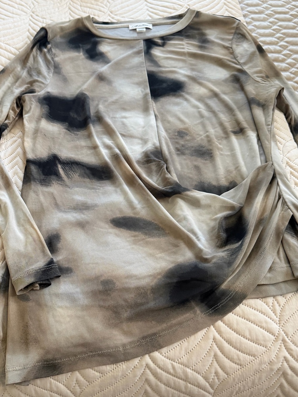 Calvin Klein Neutral Tie-Dye Long Sleeve Crewneck Top - Beige & Black